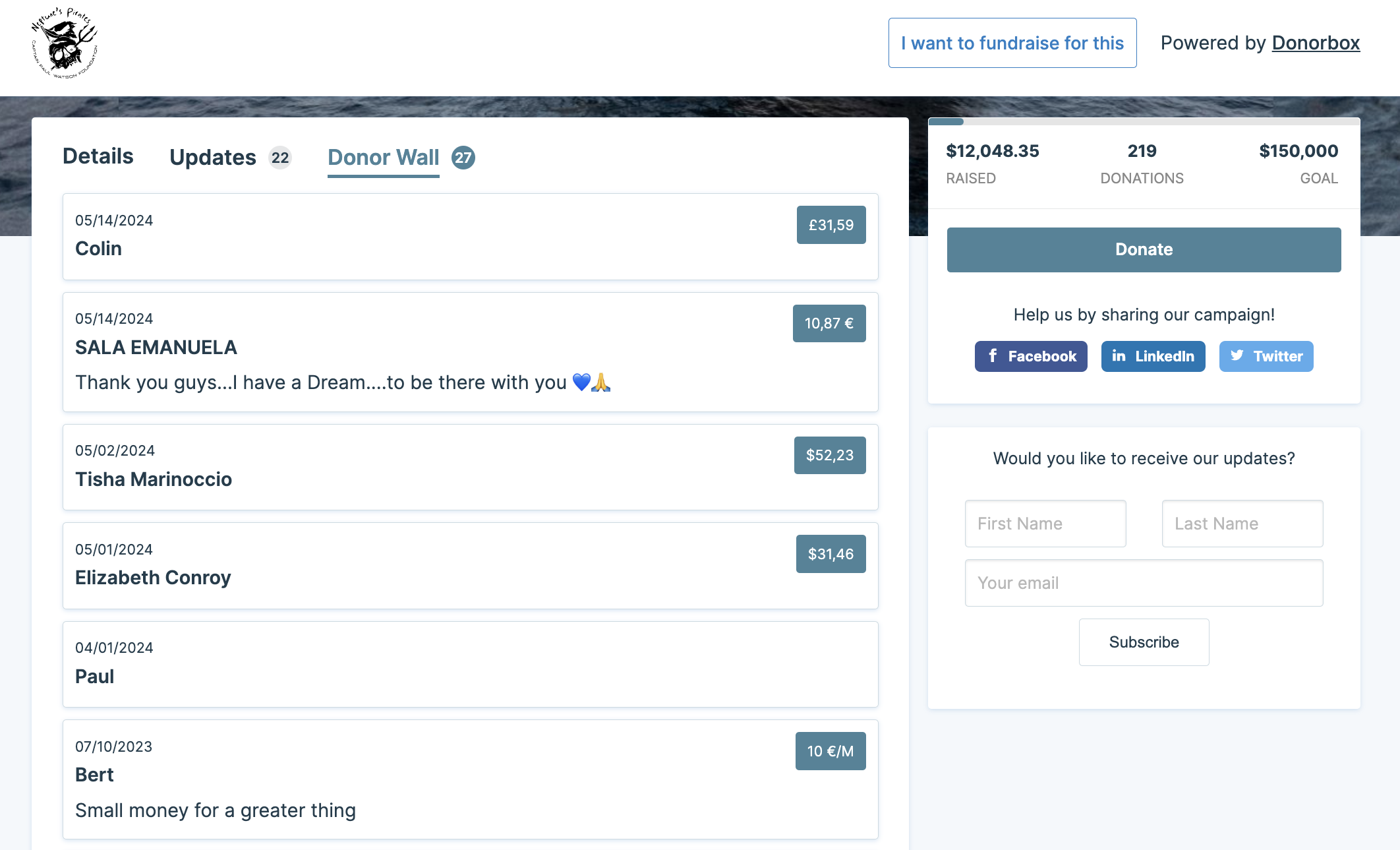 Screenshot showing a donor wall. 