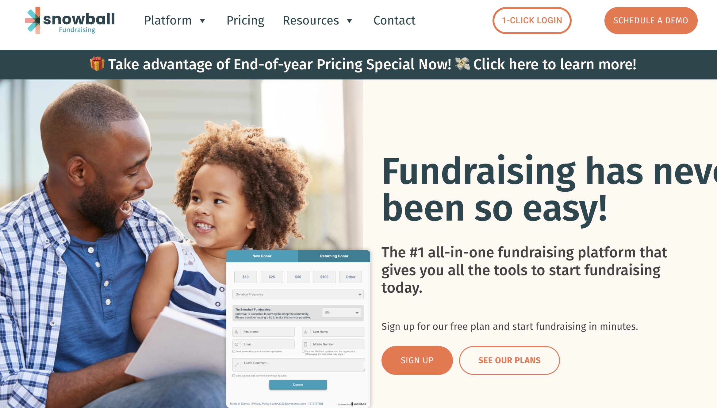 Screenshot of Snowball Fundraising's homepage. 