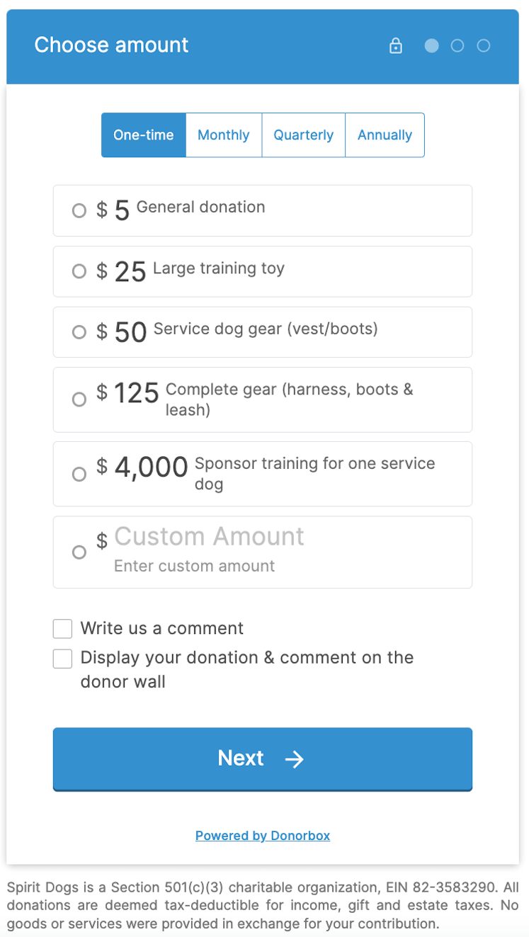 A 501(C)(3) donation form on Donorbox. 