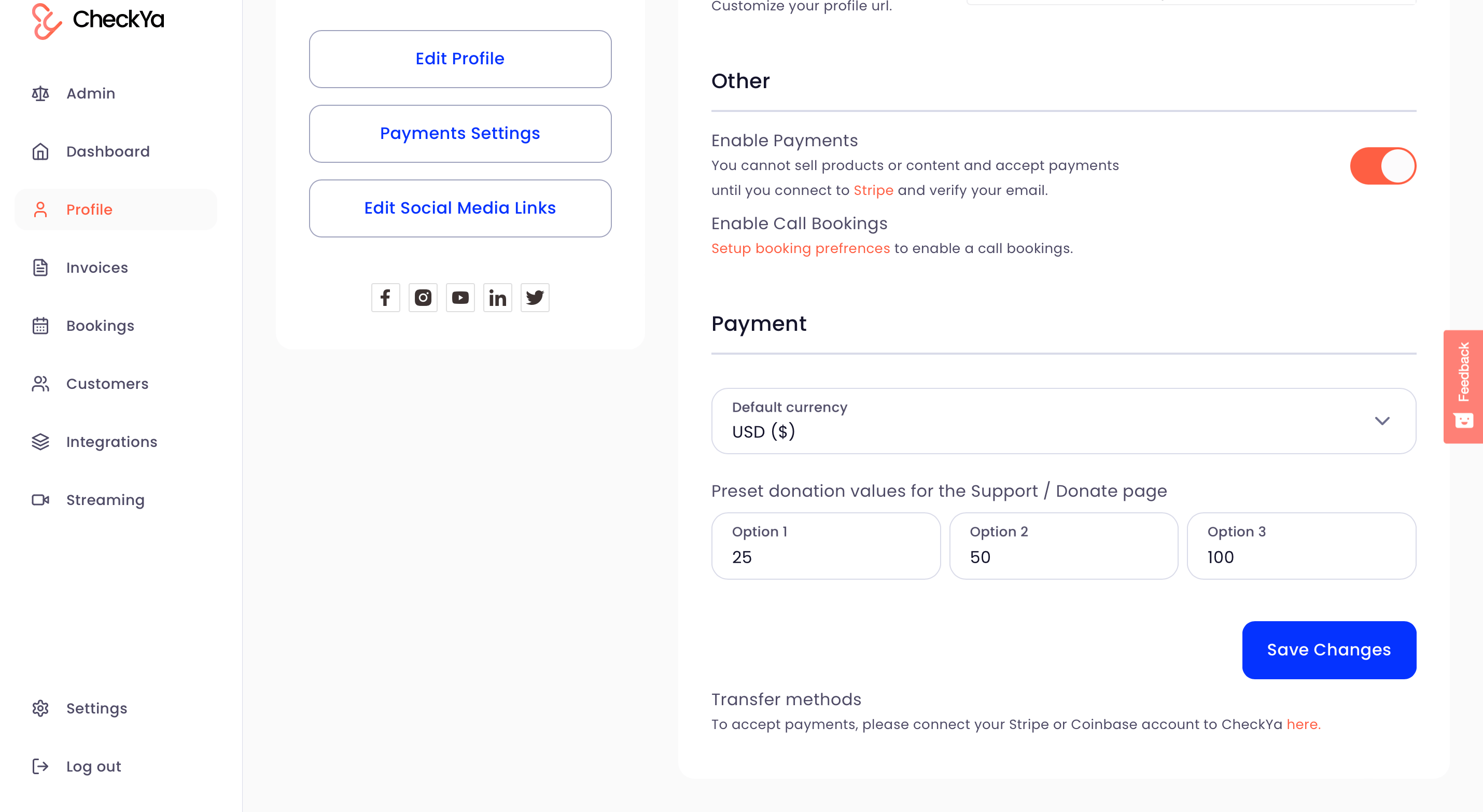Screenshot showing the process to set up your Pay Me page on CheckYa. 