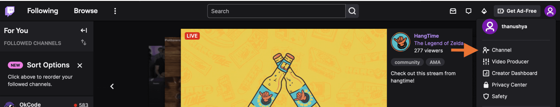 Screenshot showing how to access your channel list on Twitch. 