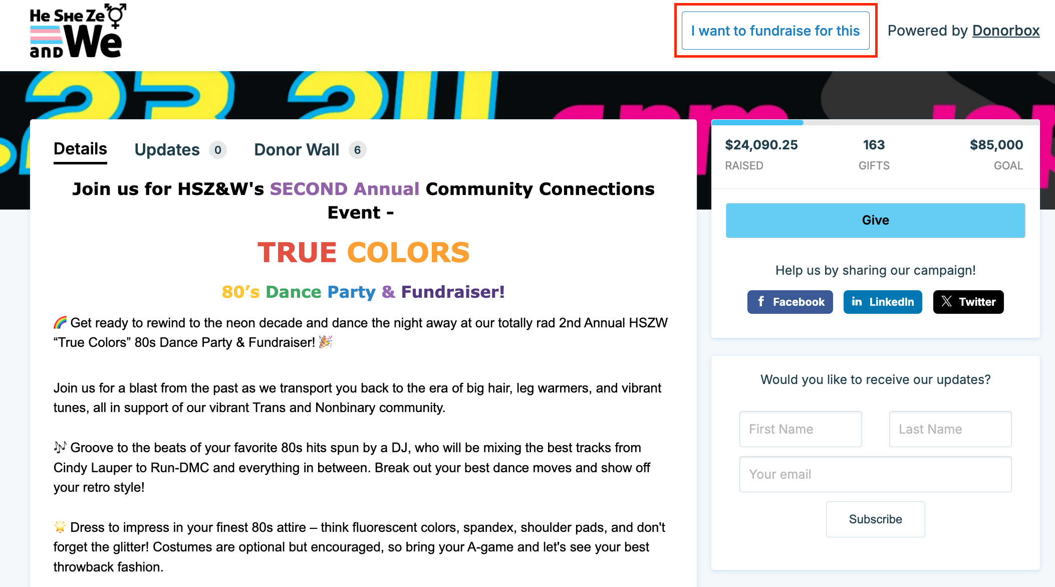 Screenshot of an organization using Donorbox to raise money for their dance fundraiser. 