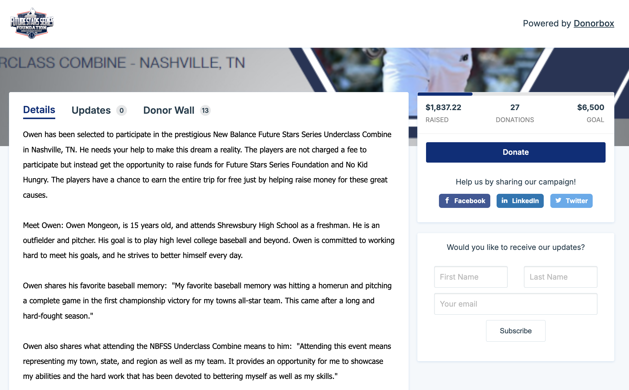Screenshot of a Donorbox donation page raising funds for a baseball player. 