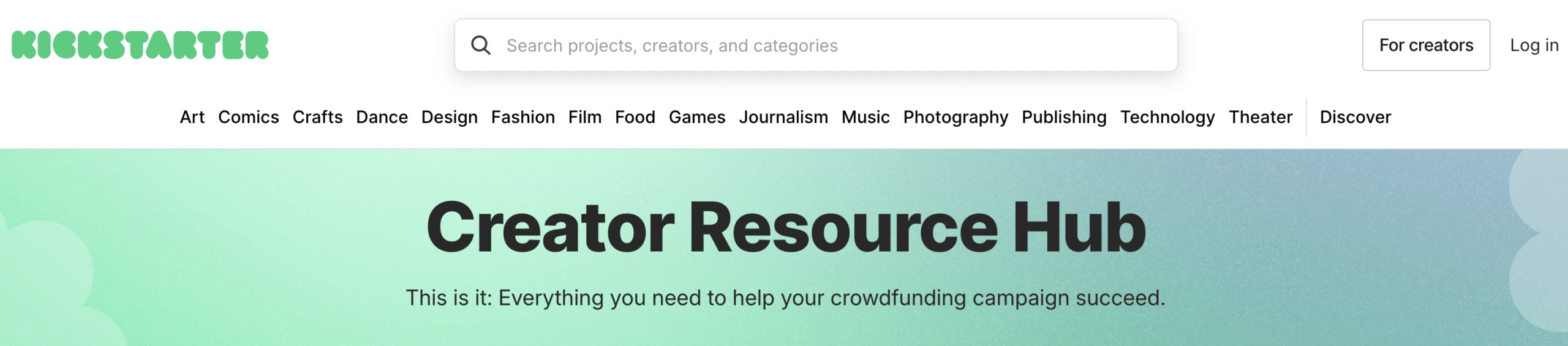 Screenshot of fundraising site, Kickstarter's homepage banner