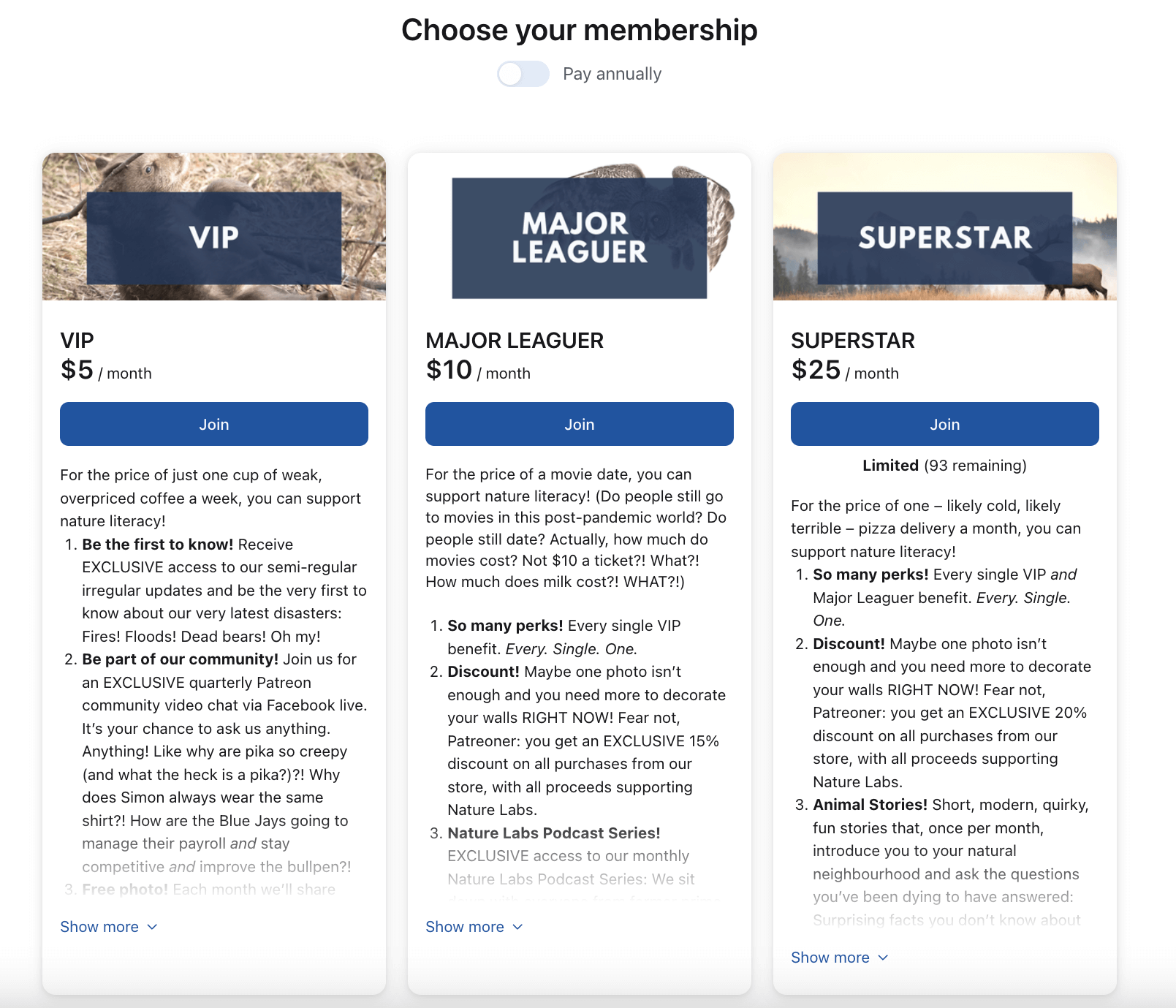 Patreon pricing page