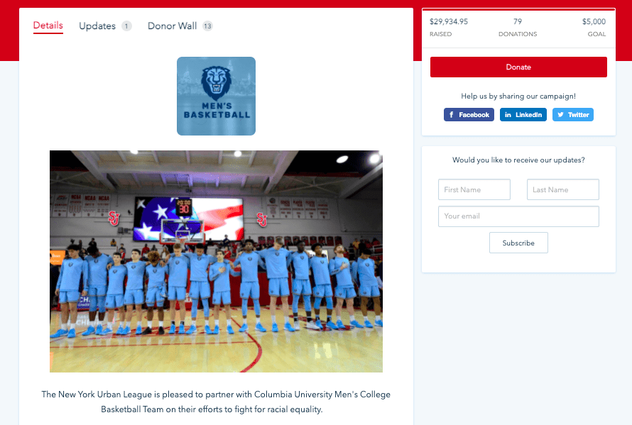 Screenshot showing a sports team using Donorbox Crowdfunding to raise money. 