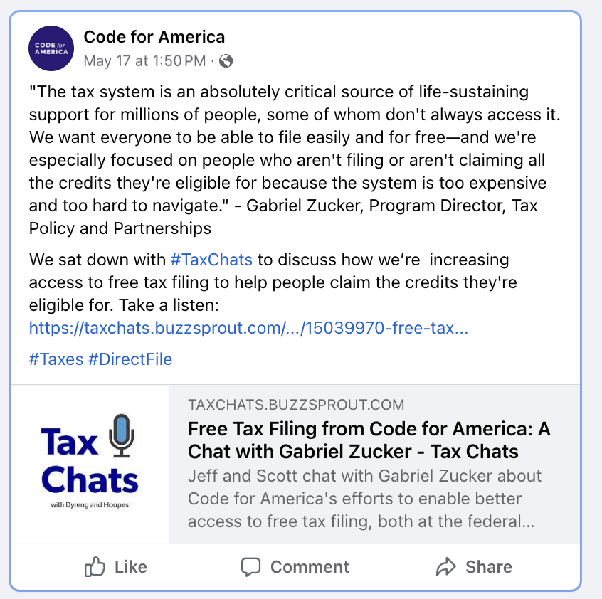 Screenshot of Code for America's Facebook post. 