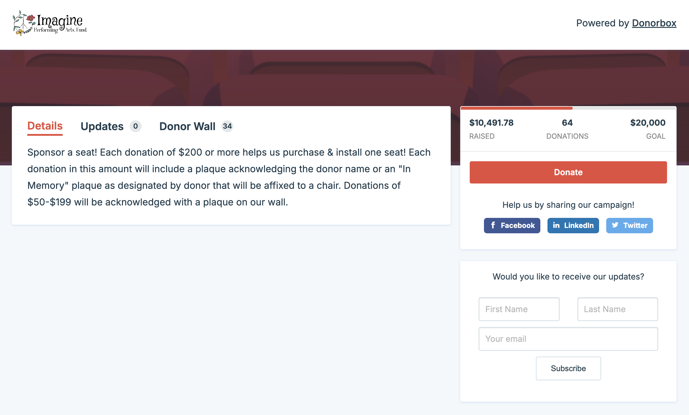 Screenshot of a drama club's Donorbox Crowdfunding page. 