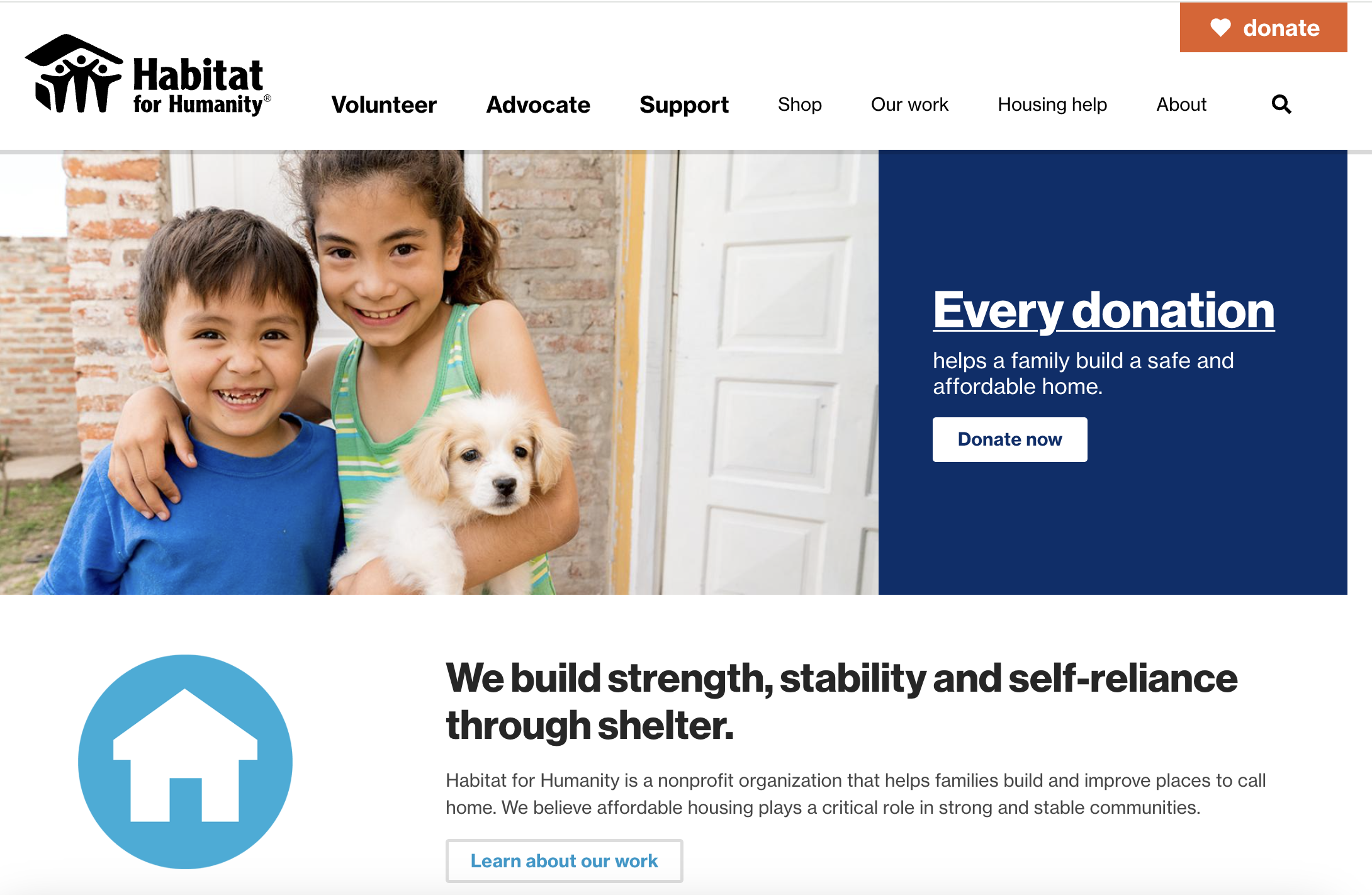 Screenshot of the homepage for Habitat for Humanity. 