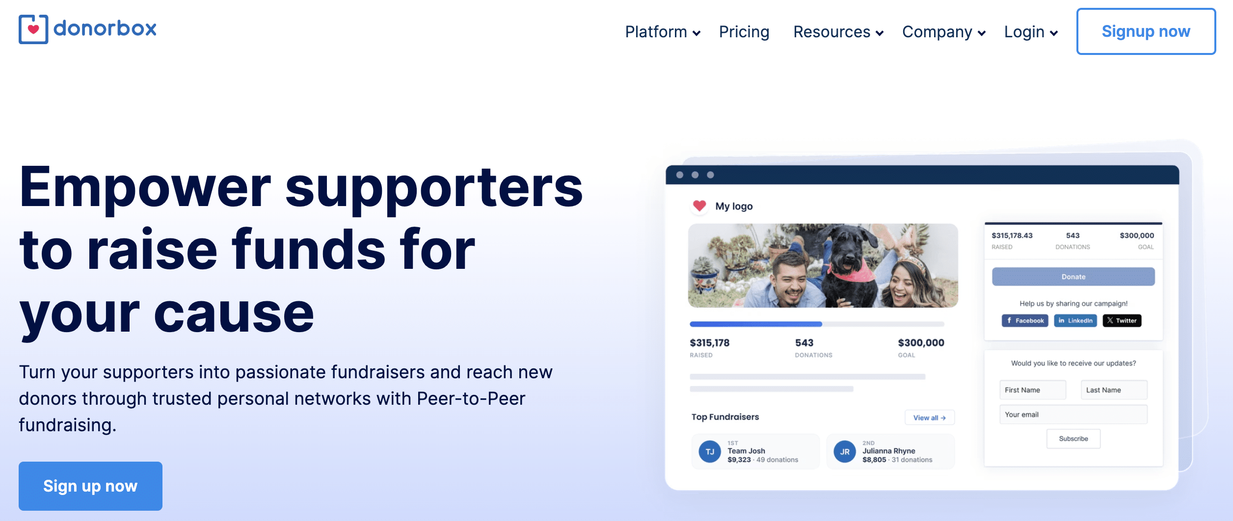 Screenshot of the Donorbox Peer-to-Peer fundraising landing page