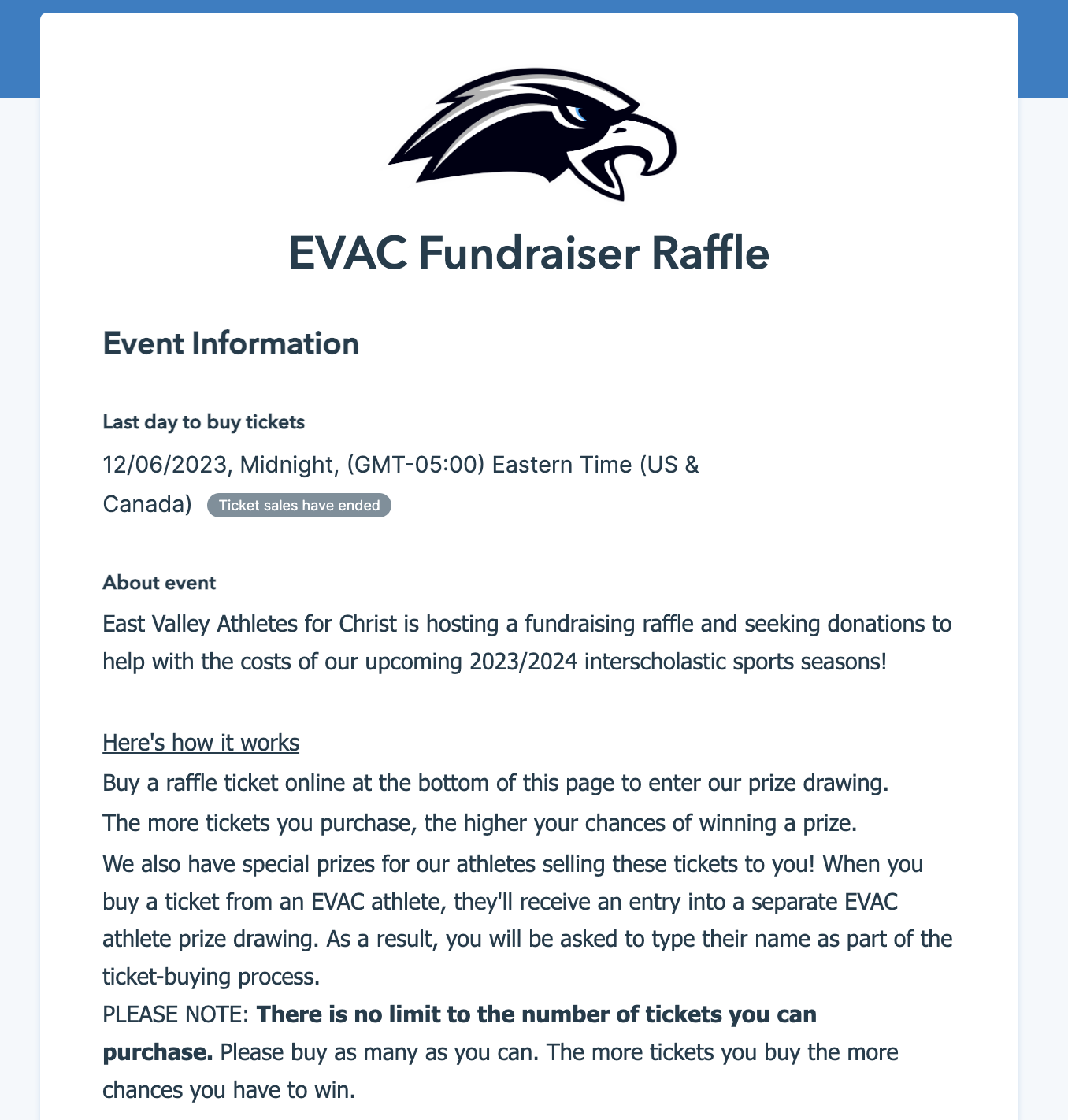 A sports organization using Donorbox Events to sell raffle tickets. 