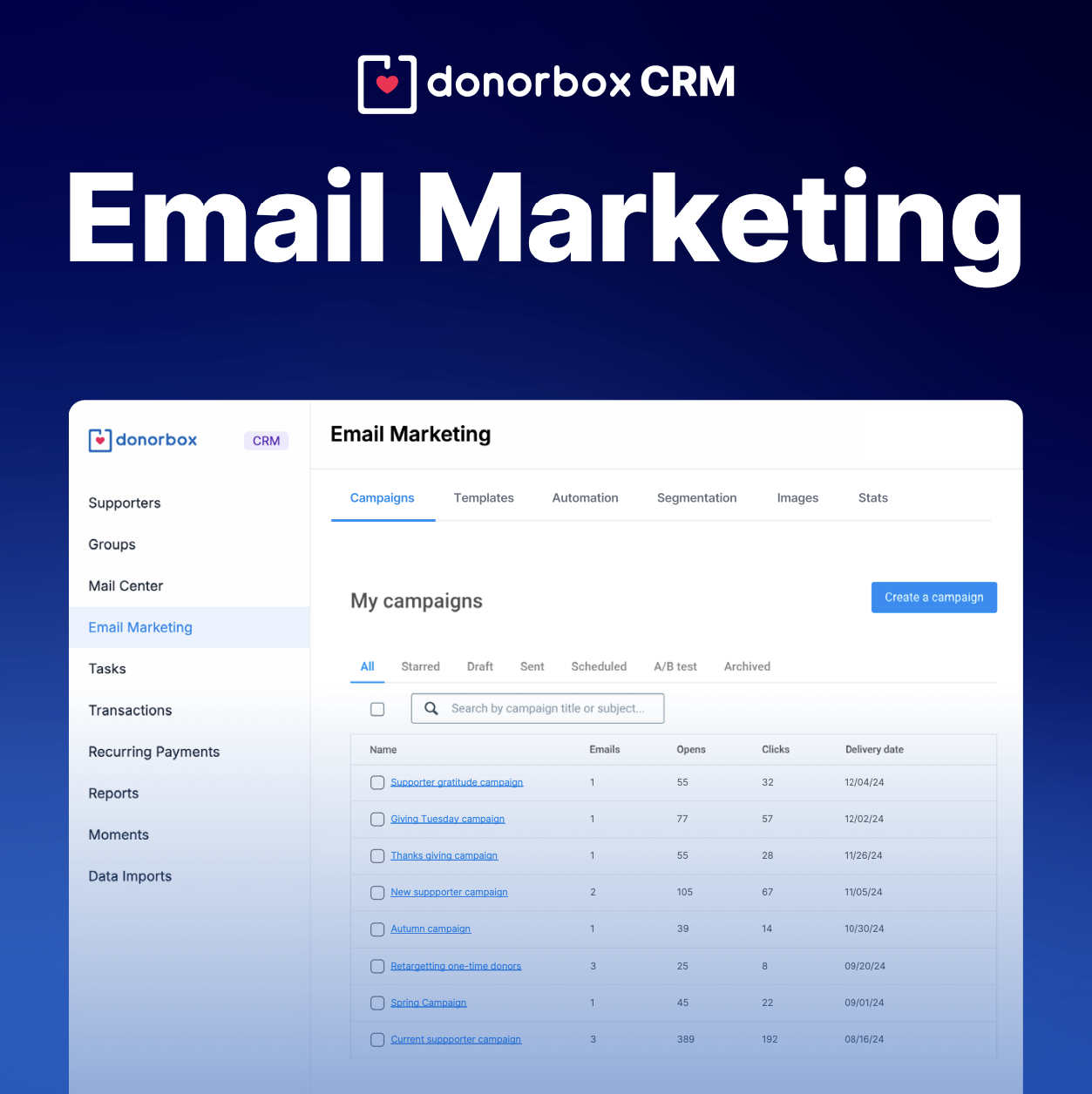 Screenshot shows Donorbox CRM's new Email Marketing (Beta) feature.