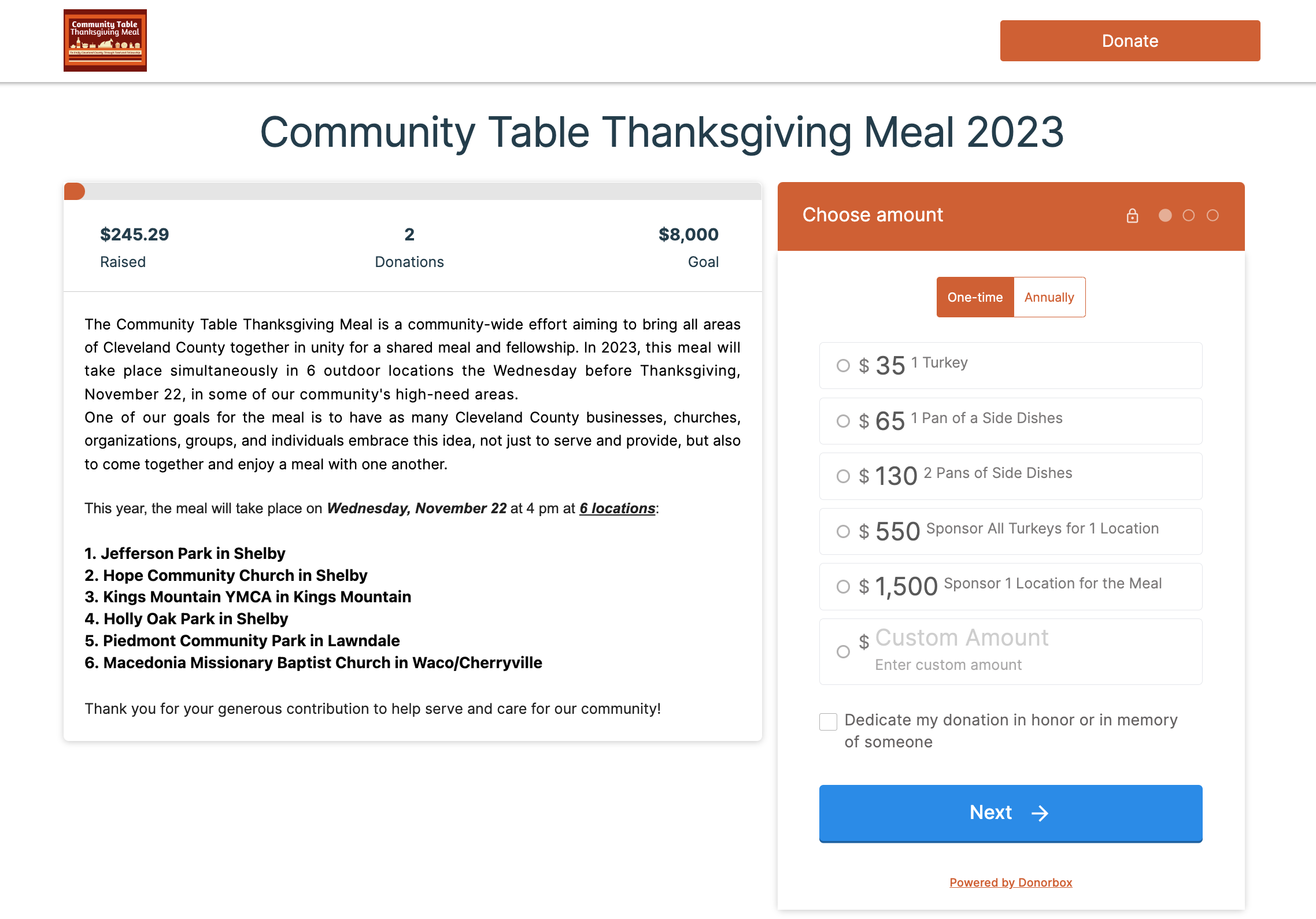 Example of a Thanksgiving Fundraising Idea on a Donorbox campaign