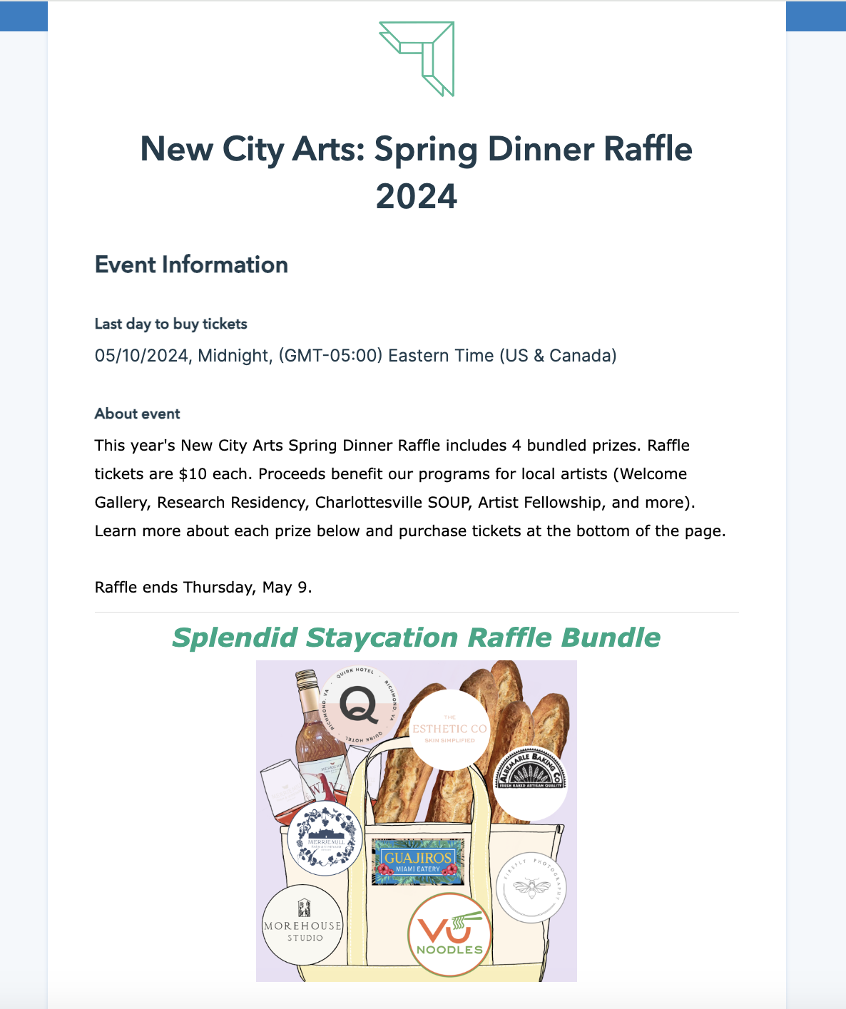 Screenshot of an organization's Donorbox Events page for selling raffle tickets. 