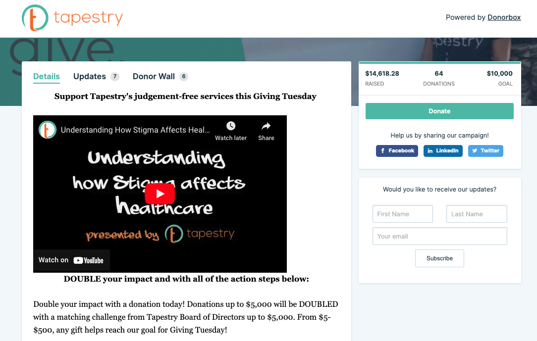 Screenshot showing Tapestry's crowdfunding page created on Donorbox as an example of how to design a crowdfunding page.