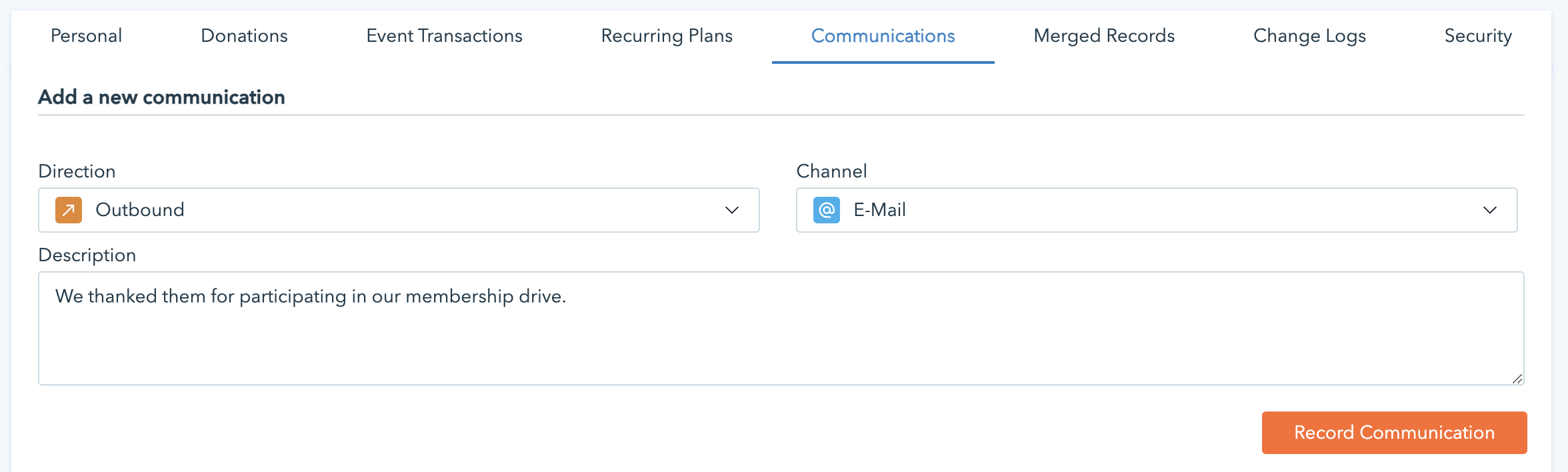Screenshot shows the communication records option in Donorbox's donor management tool.