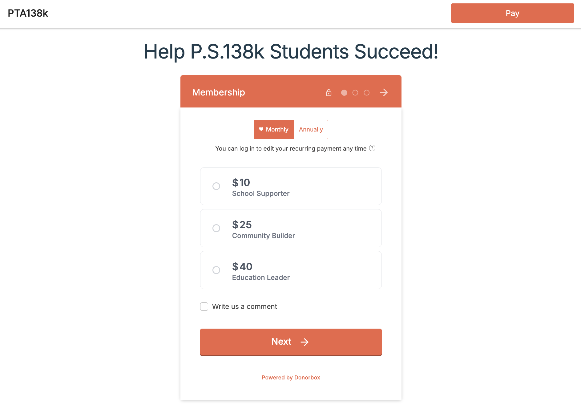 Screenshot of a PTAs Donorbox Membership form. 