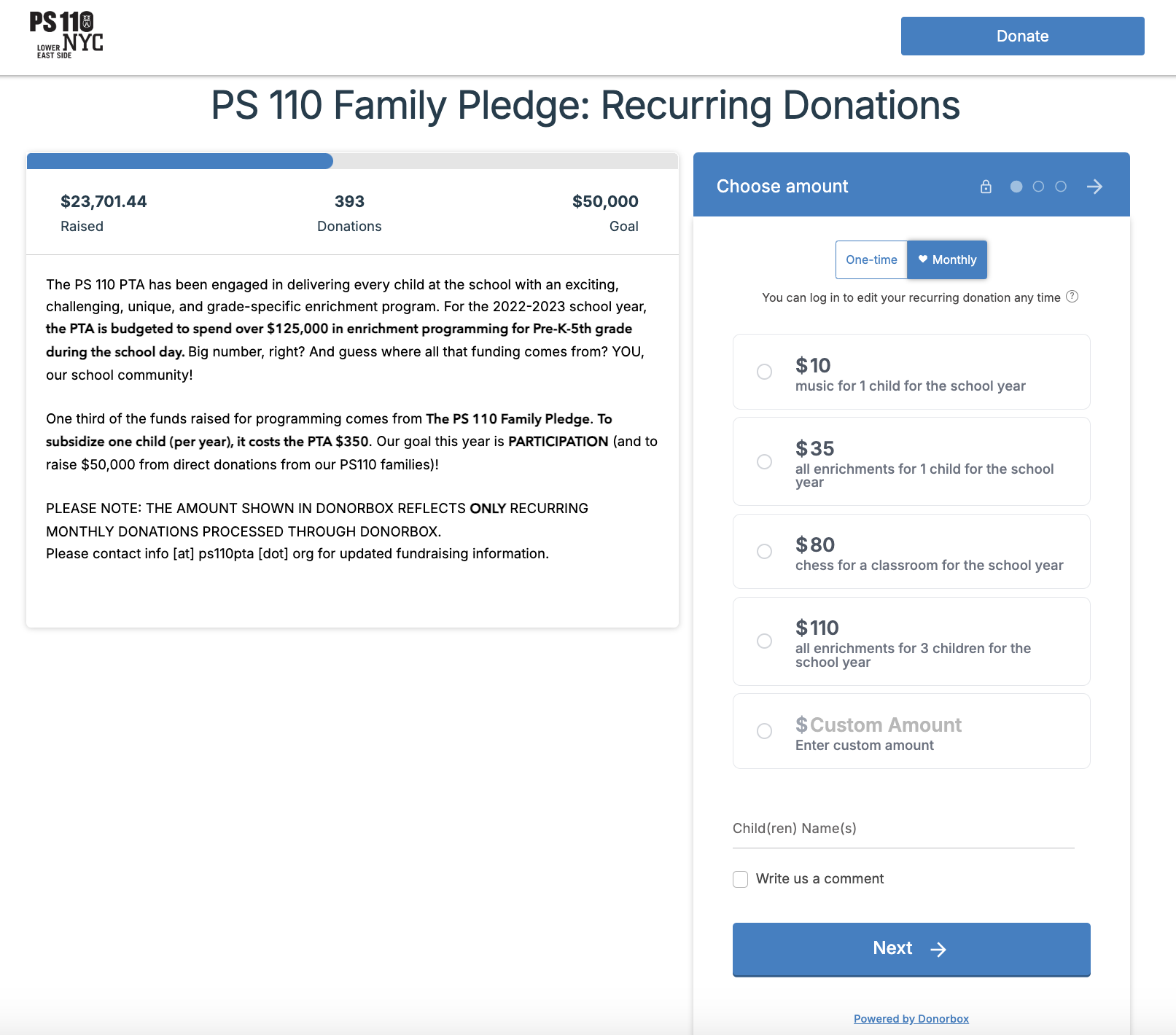Screenshot showing a PTA using Donorbox to raise funds. 