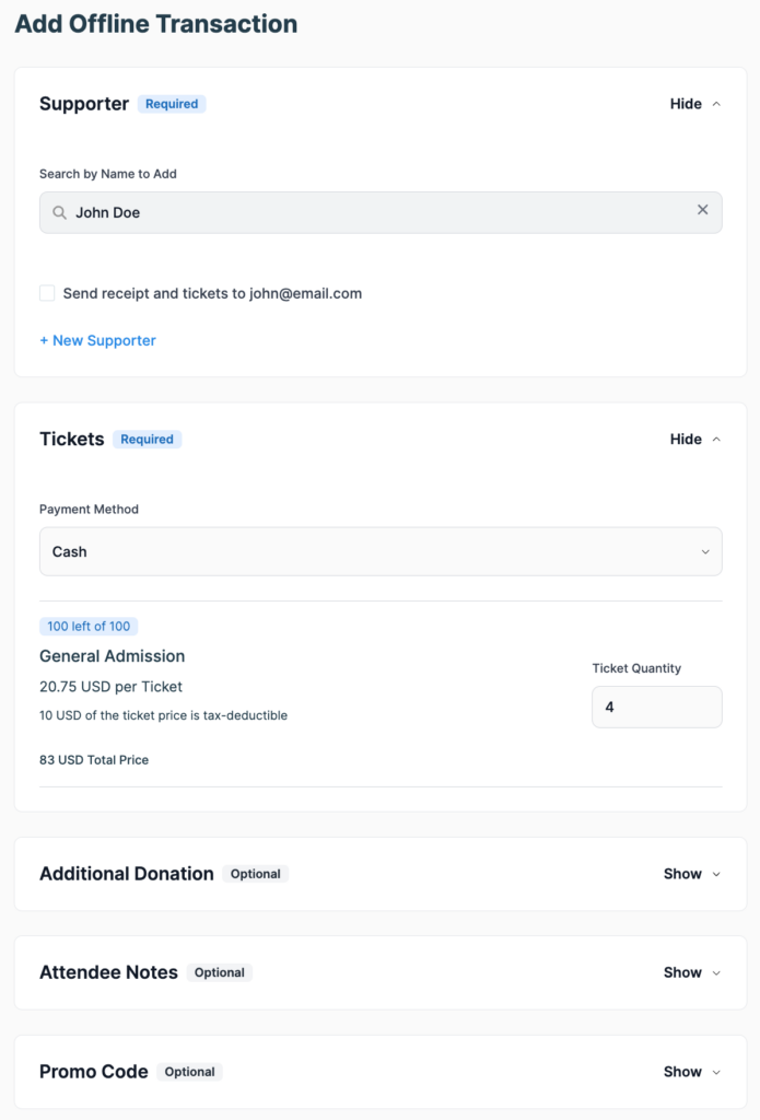 Example of how to add an offline ticket transaction in Donorbox Events