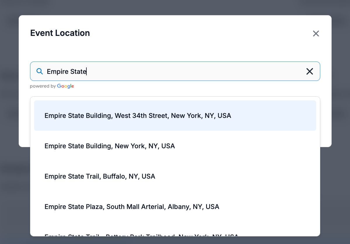 Screenshot showing how to add a location to your Donorbox event. 