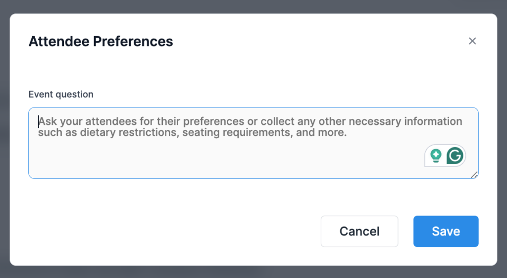 Screenshot showing the Attendee Preferences custom questions box in Donorbox Events