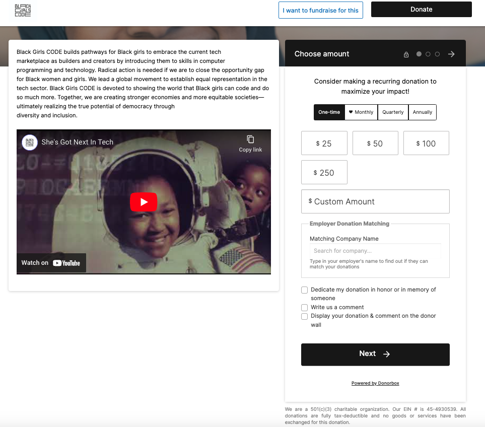 Screenshot of Black Girls Code's Donorbox donation page. 