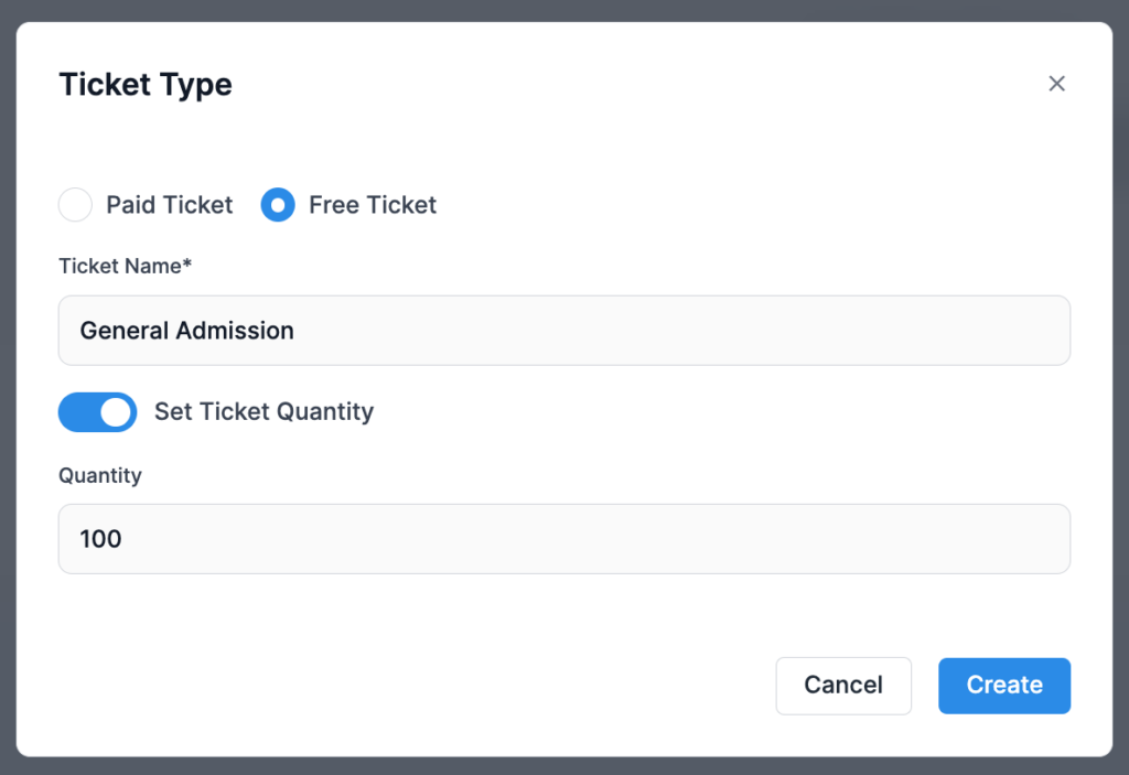 Screenshot showing the options for creating a free ticket