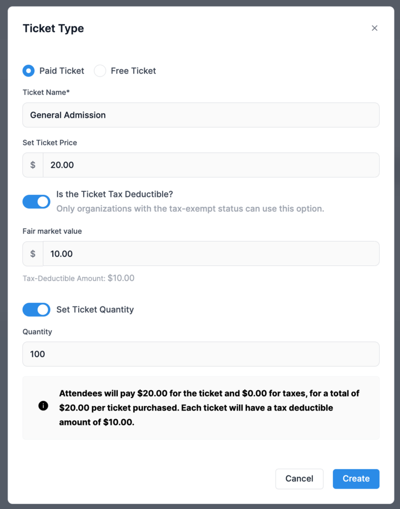 Screenshot showing the options for creating a paid ticket