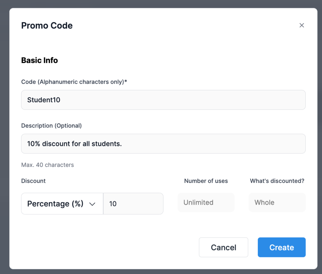 Screenshot showing how to create a Promo Code in Donorbox Events