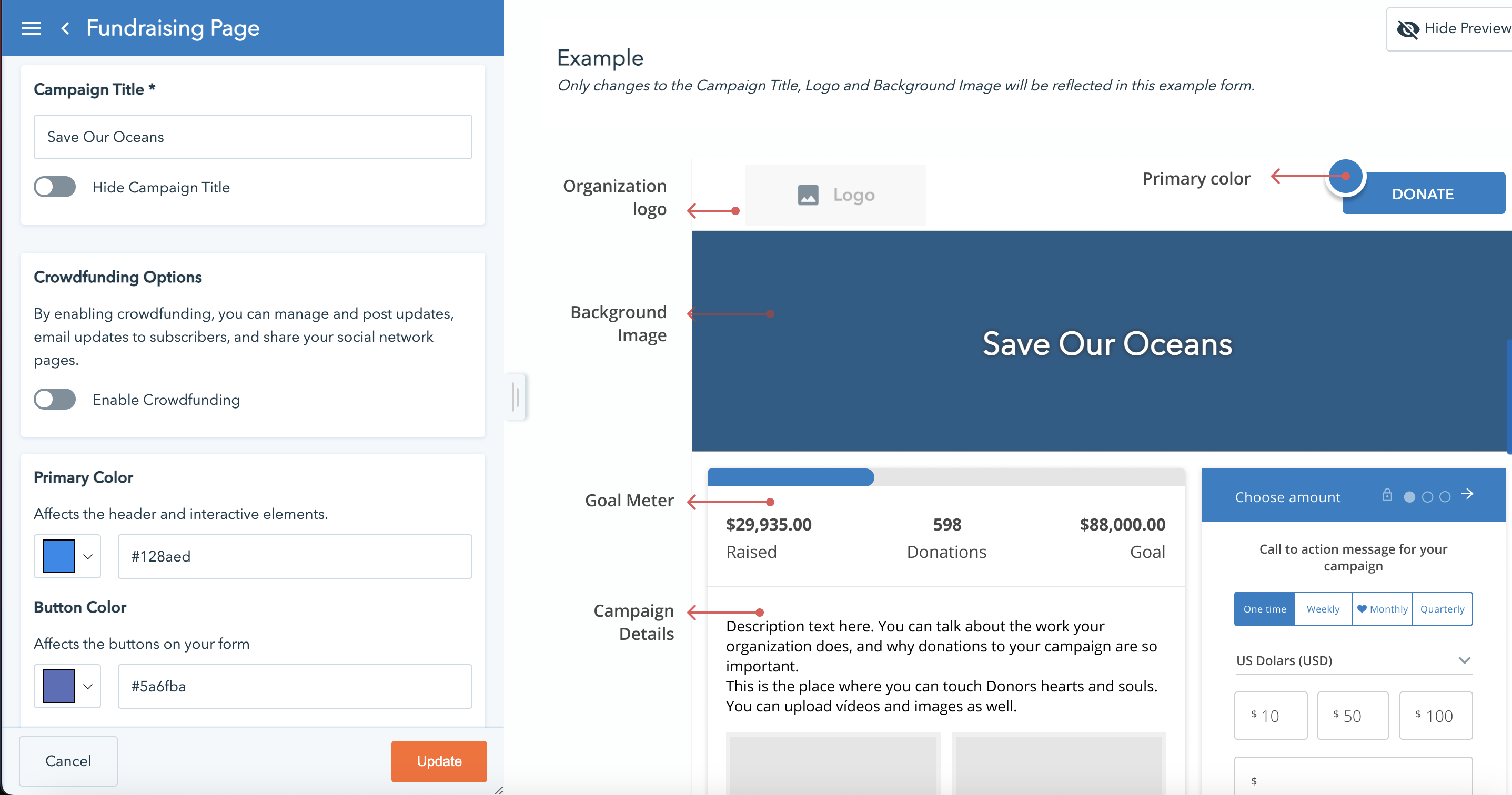 Screenshot of the donation page editor showing the various customization options. 