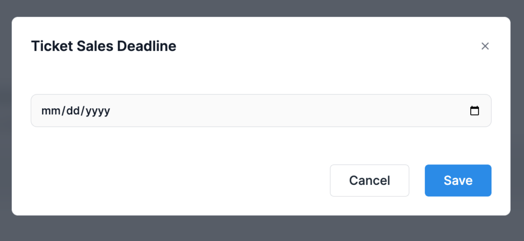 Screenshot showing the ticket sales deadline option in Donorbox Events