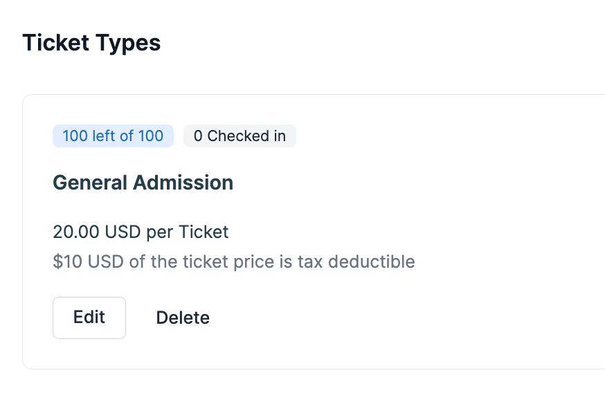 Screenshot showing how to edit a ticket type in Donorbox Events 