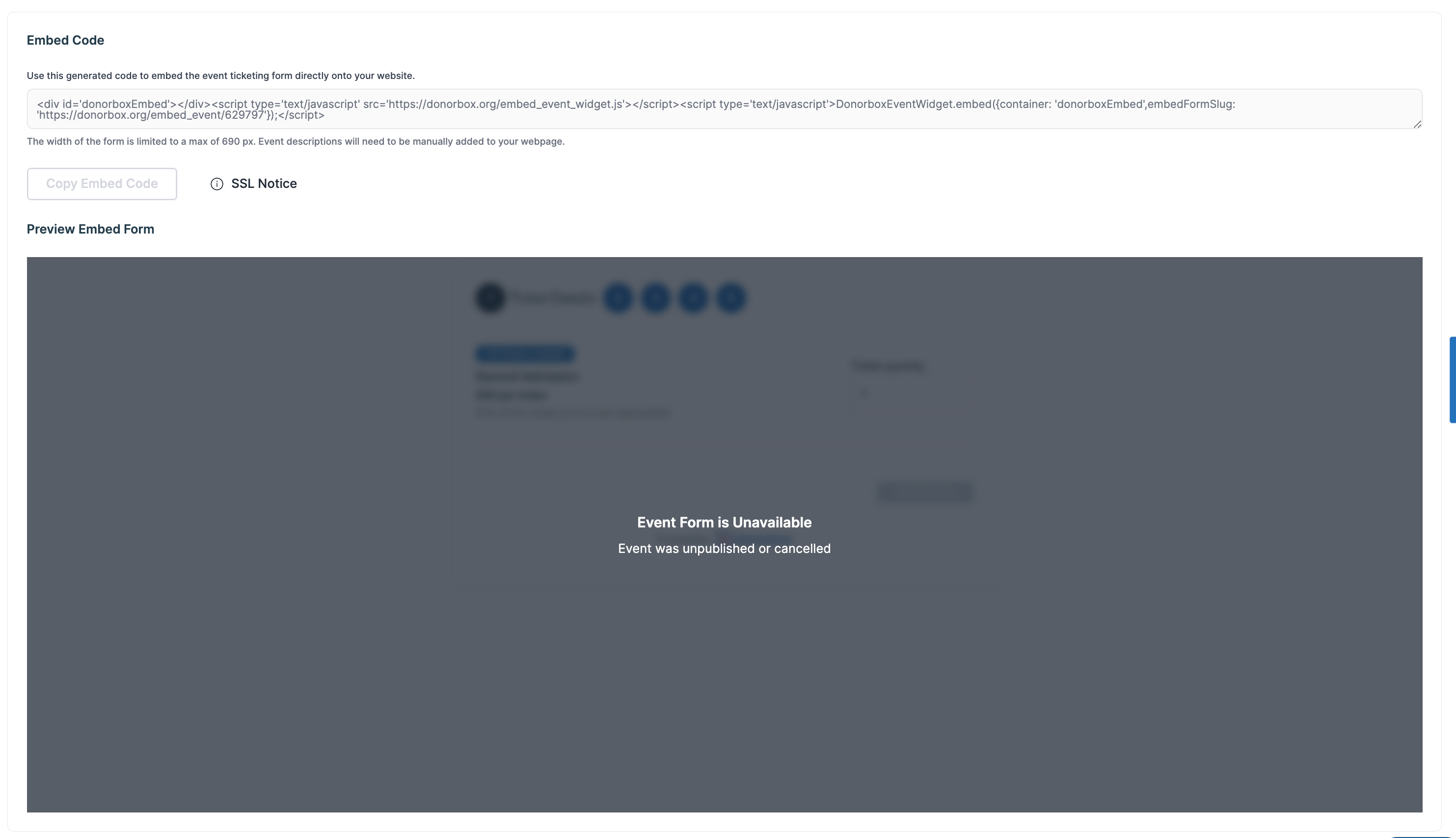 Screenshot showing the embed code section of the Donorbox Events editor