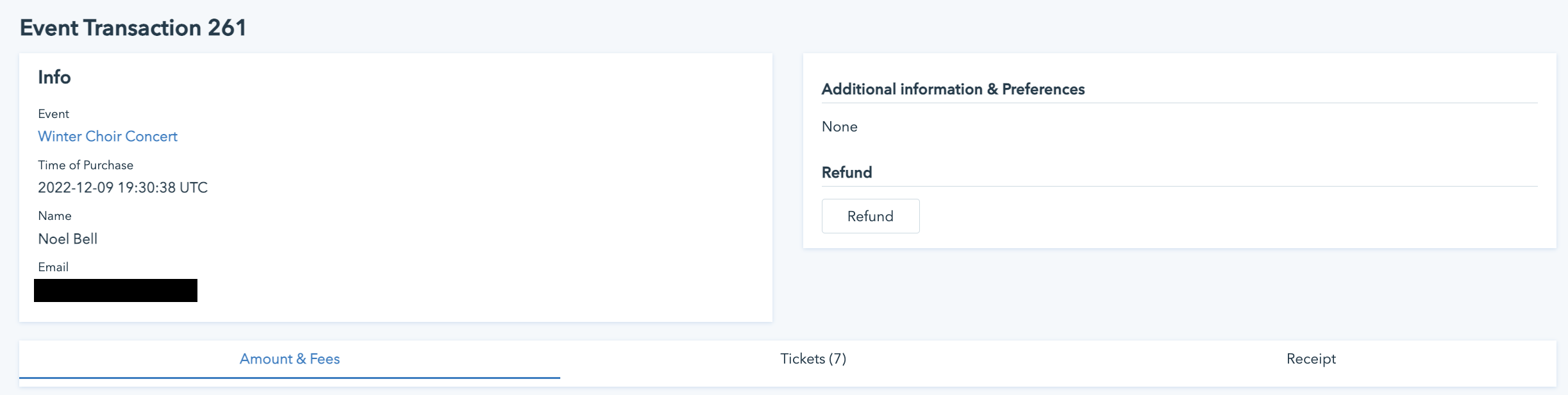 Events ticket transaction details that you can view on the Donorbox dashboard.