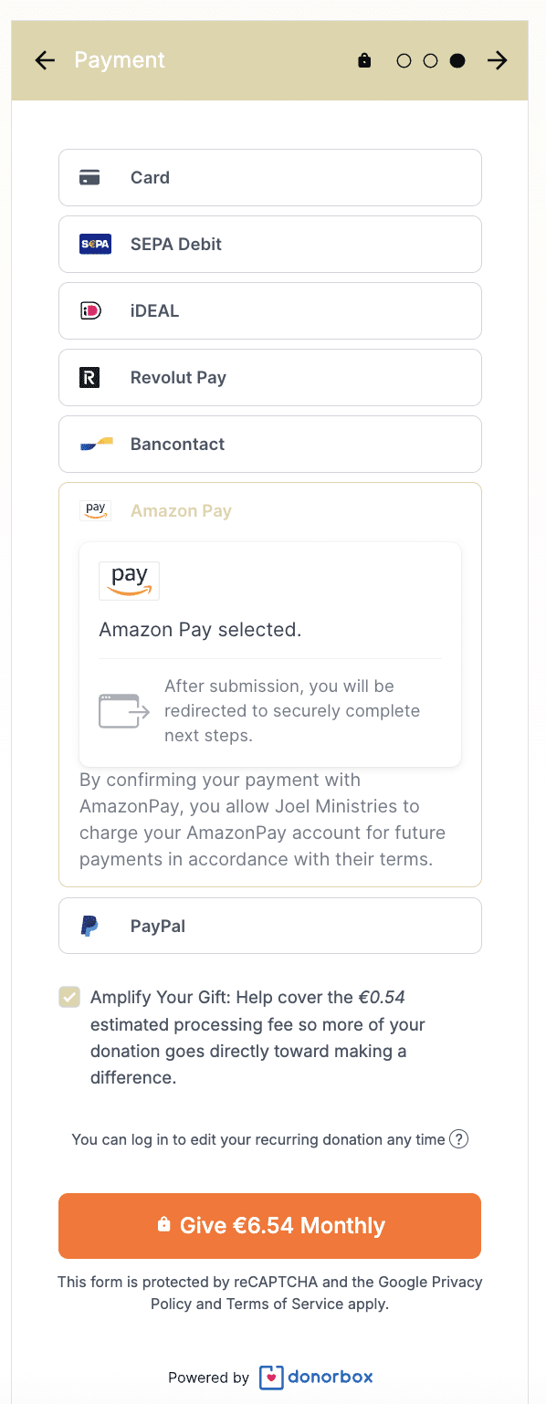 Screenshot of a Christian organization's donation form with expanded payment methods