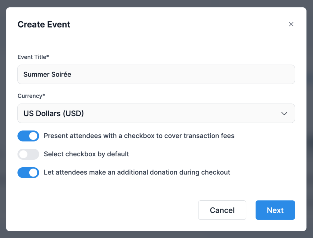 Screenshot showing the pop-up that appears when you create your event ticketing form with Donorbox Events