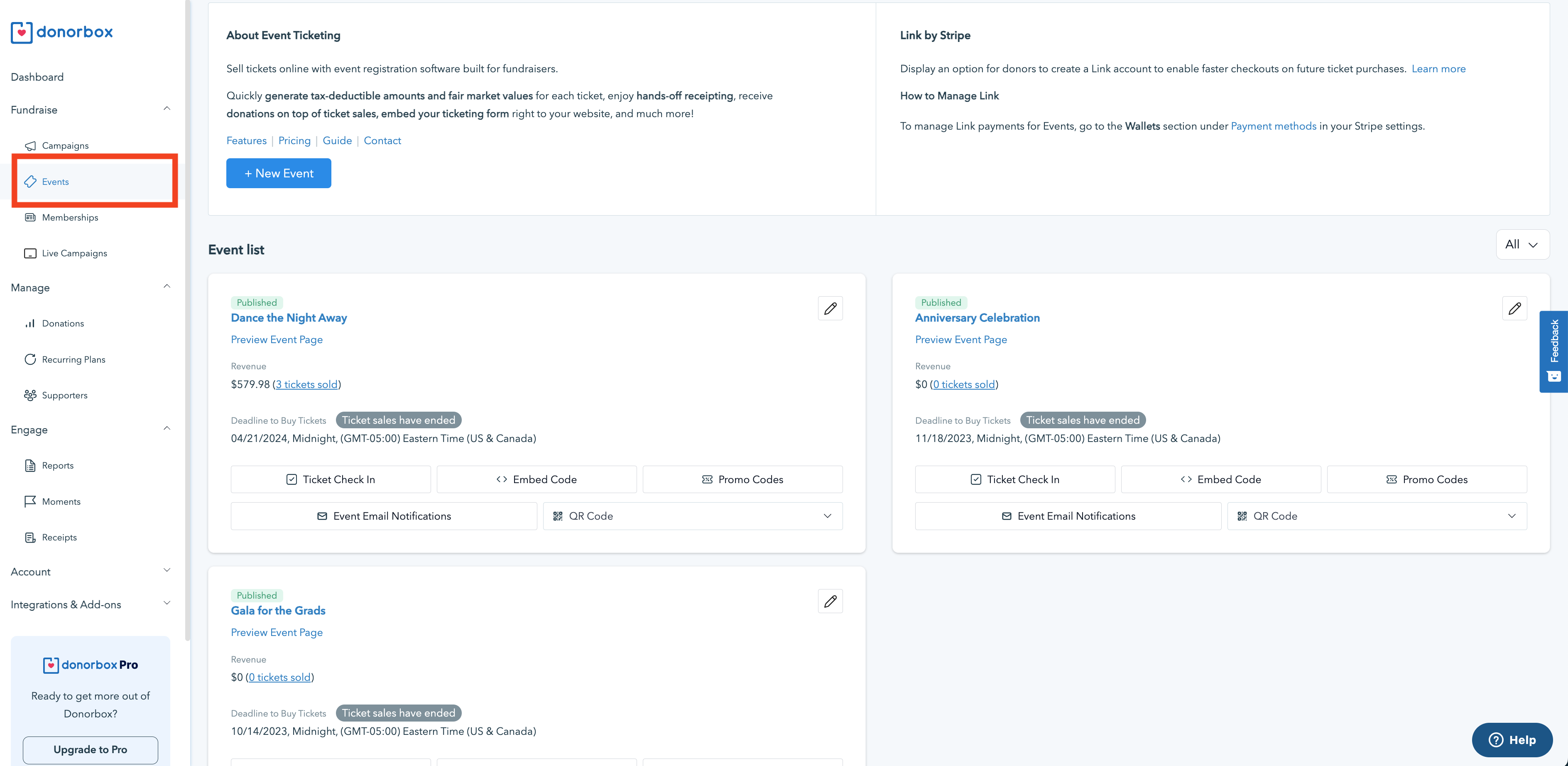 Screenshot showing the Events page in the Donorbox Dashboard