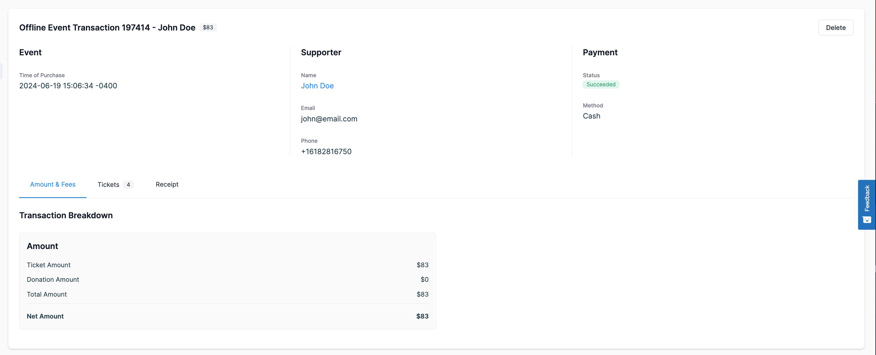 Screenshot showing ticket transaction details in Donorbox Events