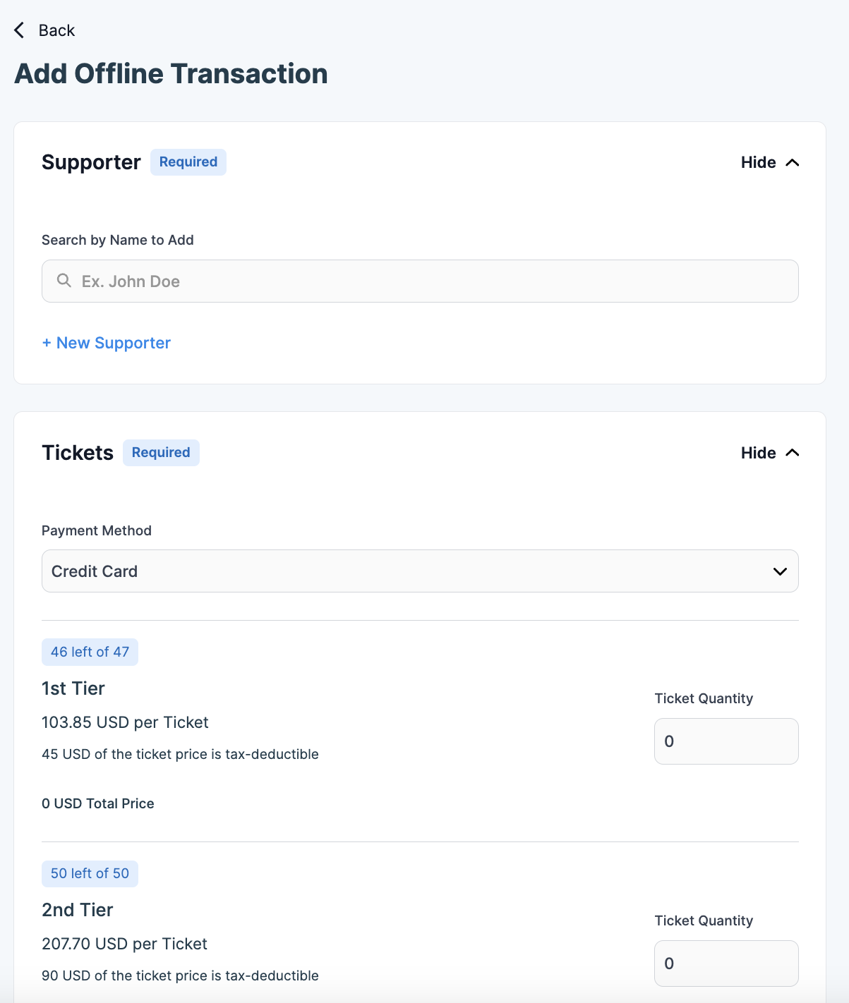 Screenshot shows the process for adding offline ticket transactions on Donorbox. 
