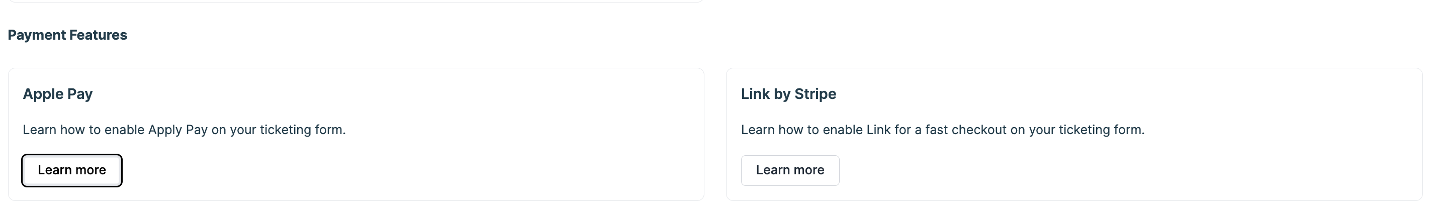 Screenshot showing where to find Payment Features like Apple Pay and Link by Stripe in Donorbox Events