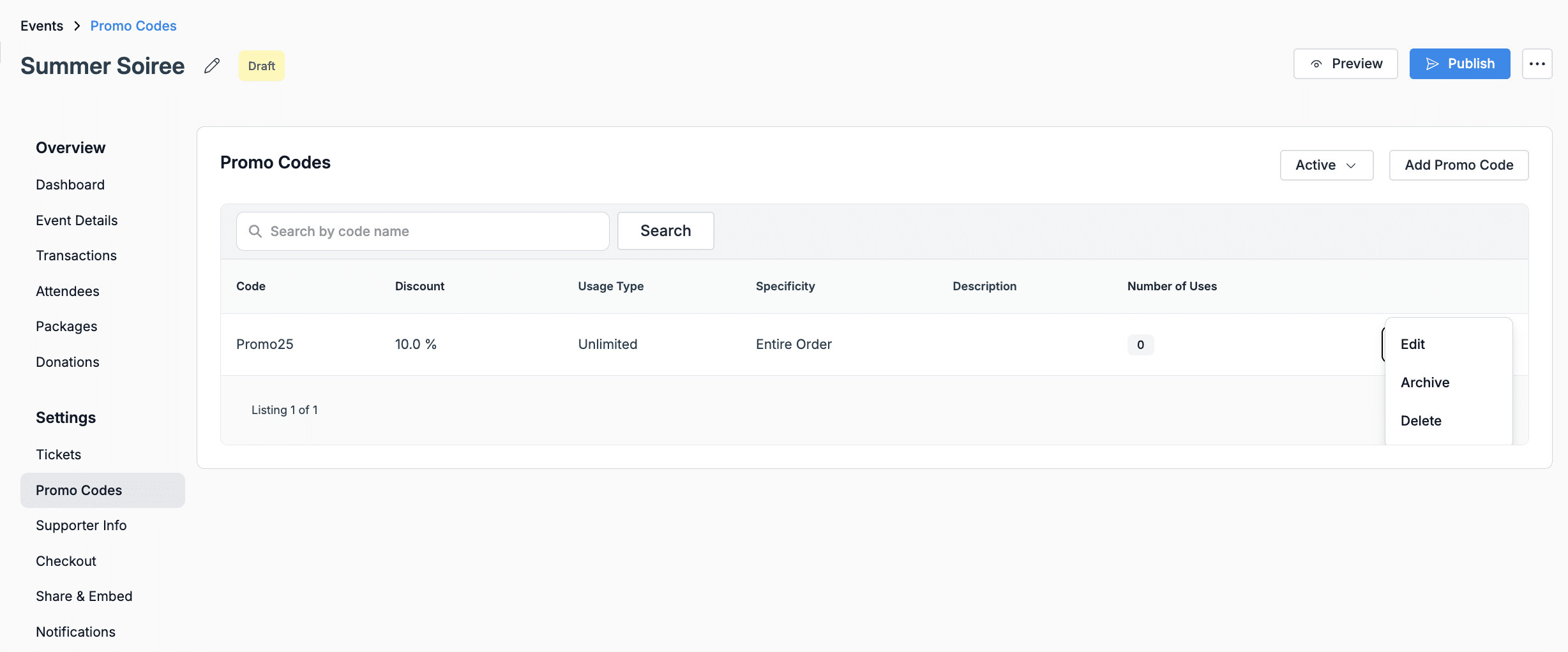 Screenshot showing list of promo codes on Donorbox Events