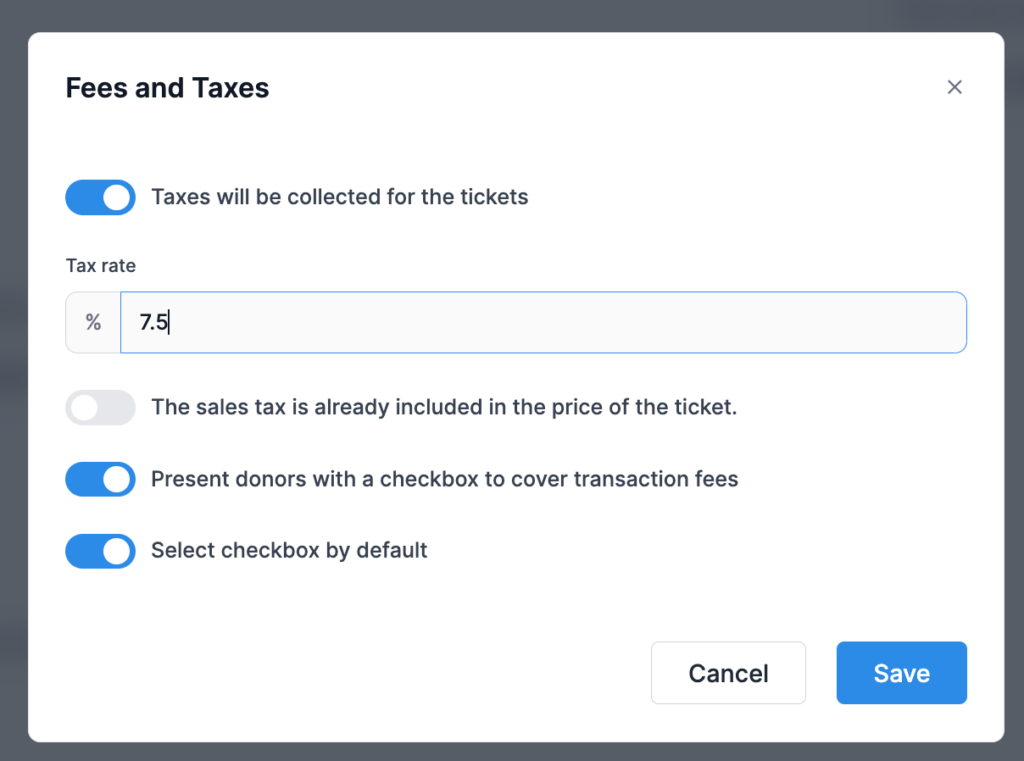 Screenshot of the Fees and Taxes editor in Donorbox Events