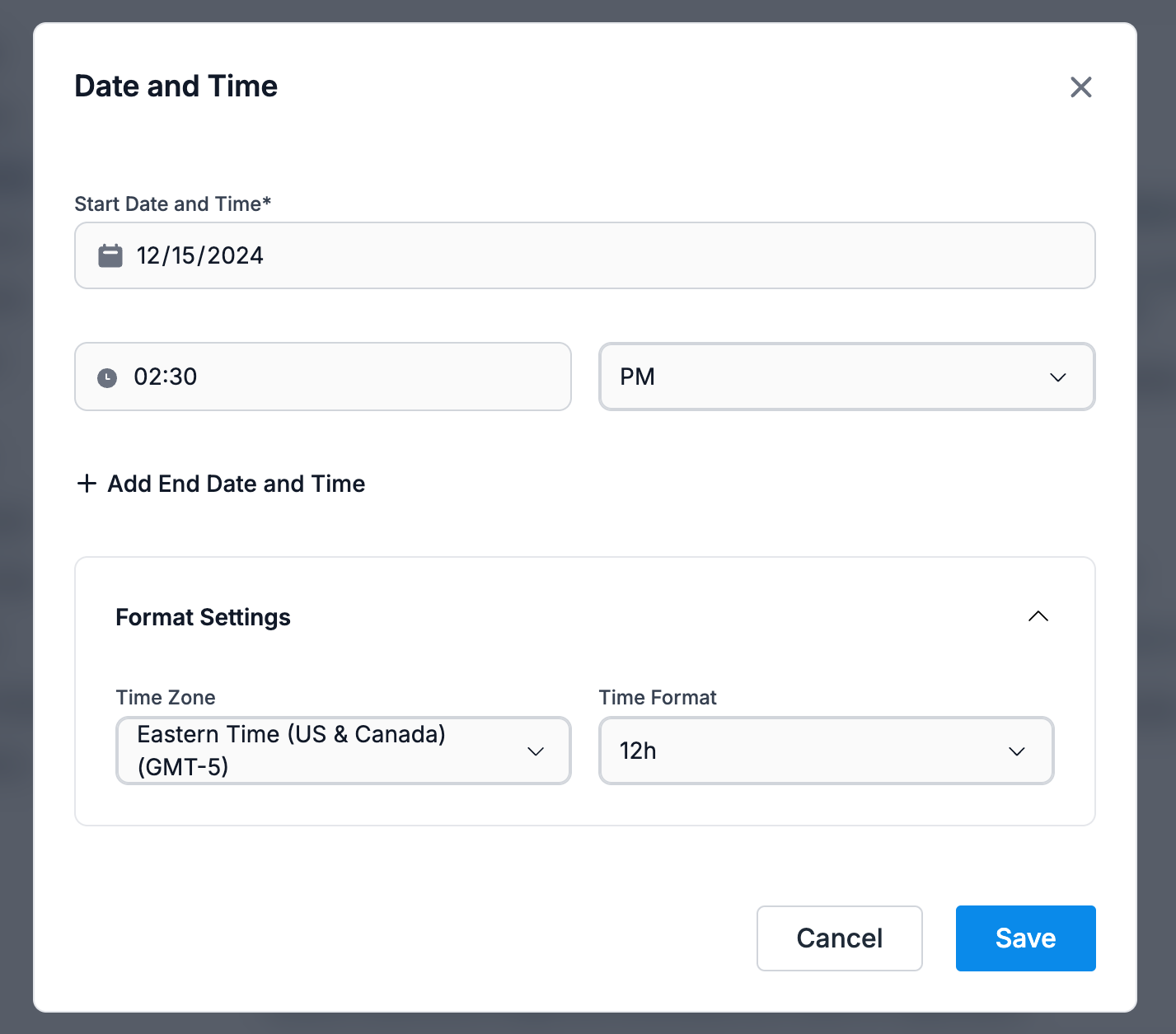 Screenshot showing how to update the data and time of your Donorbox event. 