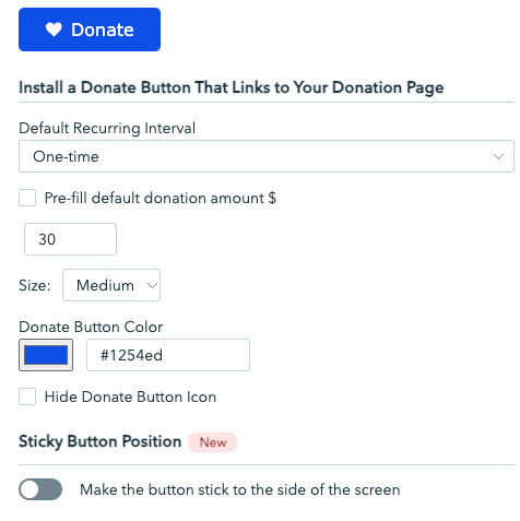 Screenshot showing the customization options for donation page buttons. 