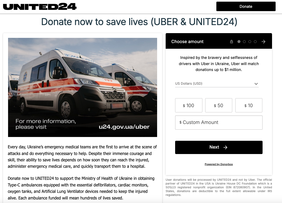 Screenshot of United24's donation page. 