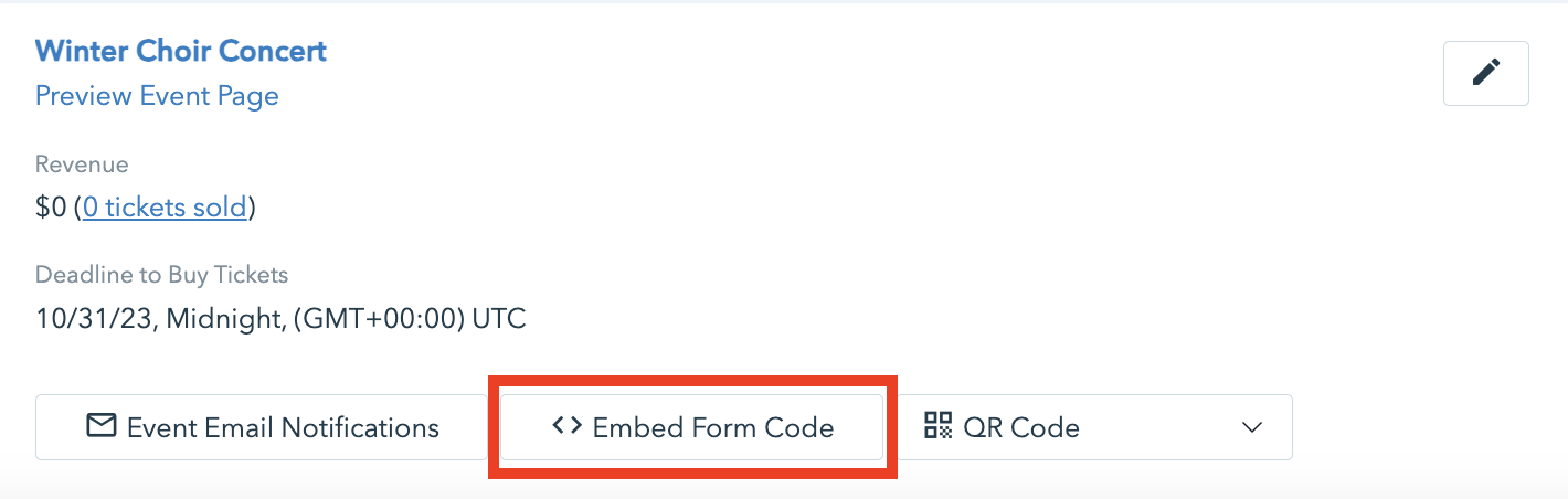Events page showing where to find the embed form code.