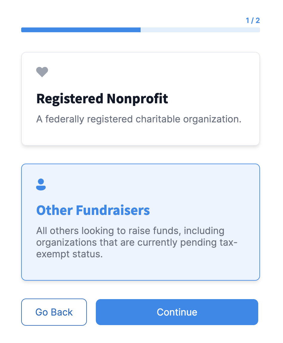 Screenshot showing the sign-up process for Donorbox. 