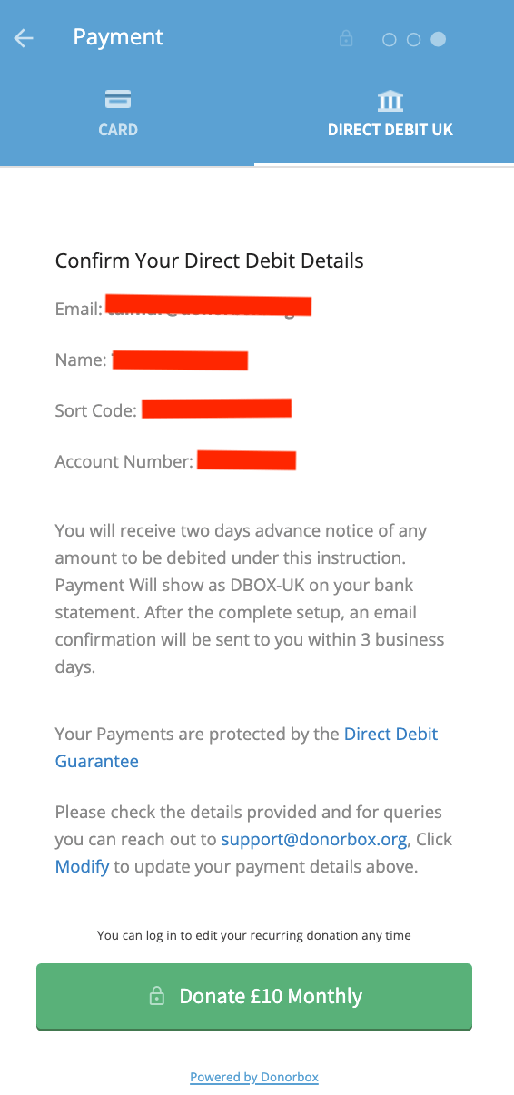 accepting donations via bacs debits