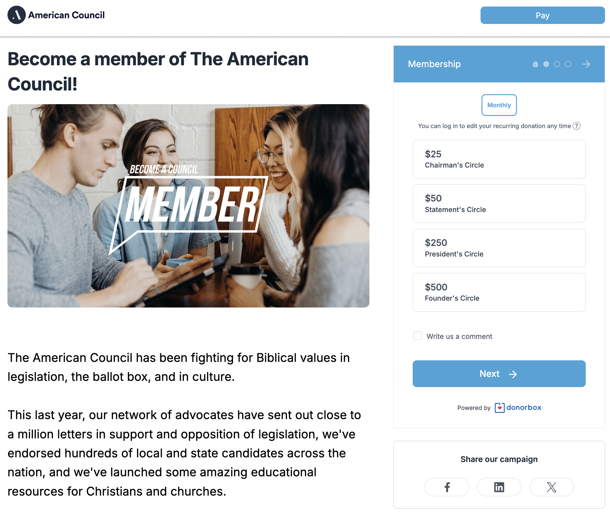 Screenshot of a nonprofit's membership form using member management software, Donorbox