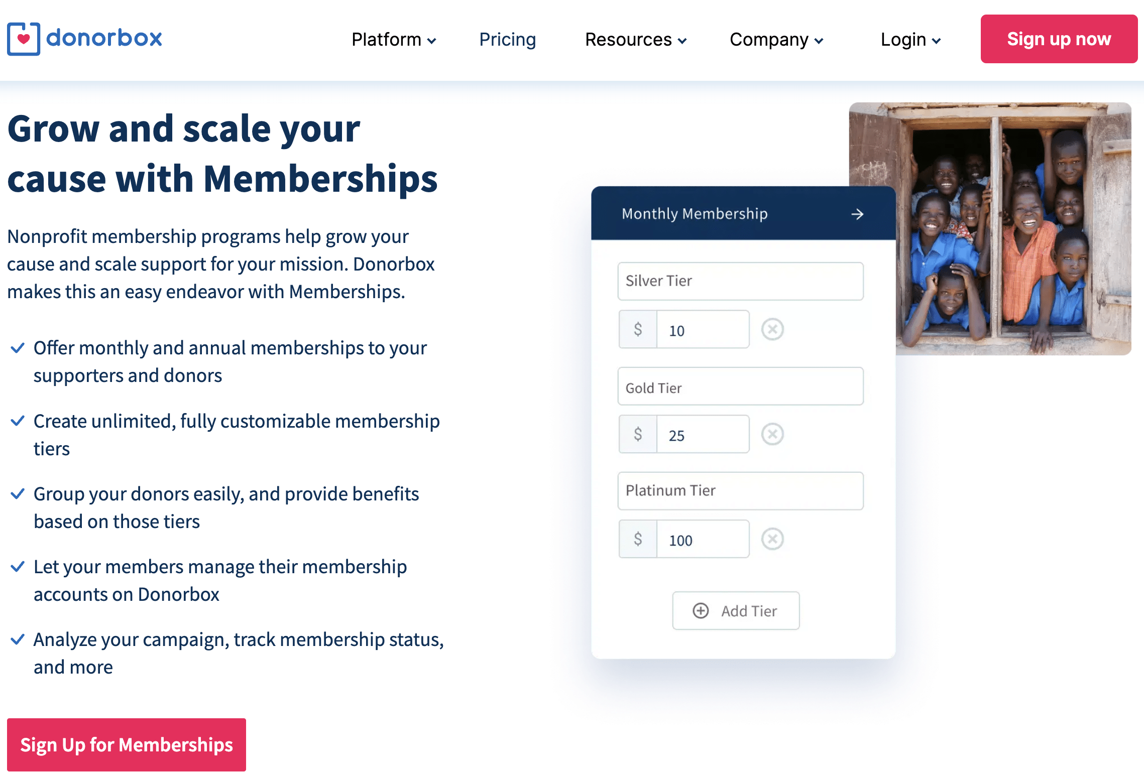 Screenshot of Donorbox Memberships landing page